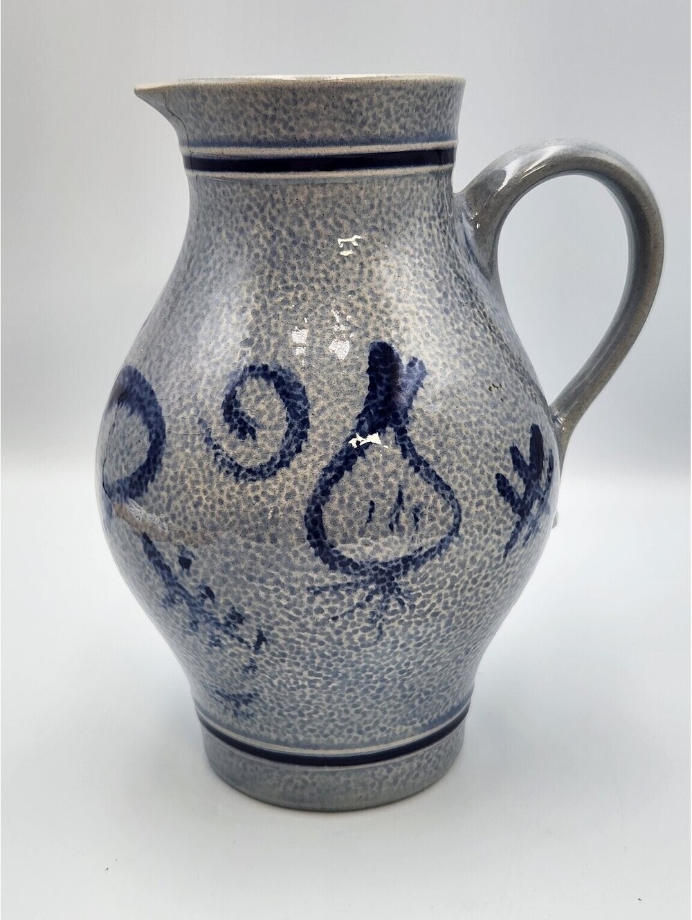 Vintage German Salt Glaze Stoneware Pitcher Vase Grey Blue Cobalt Abstract - J2
